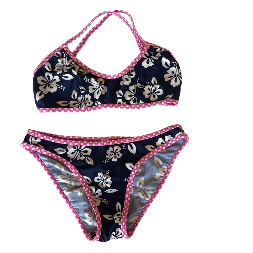 Two Piece Floral with Pink Polkadot Trim Bikini Great condition!